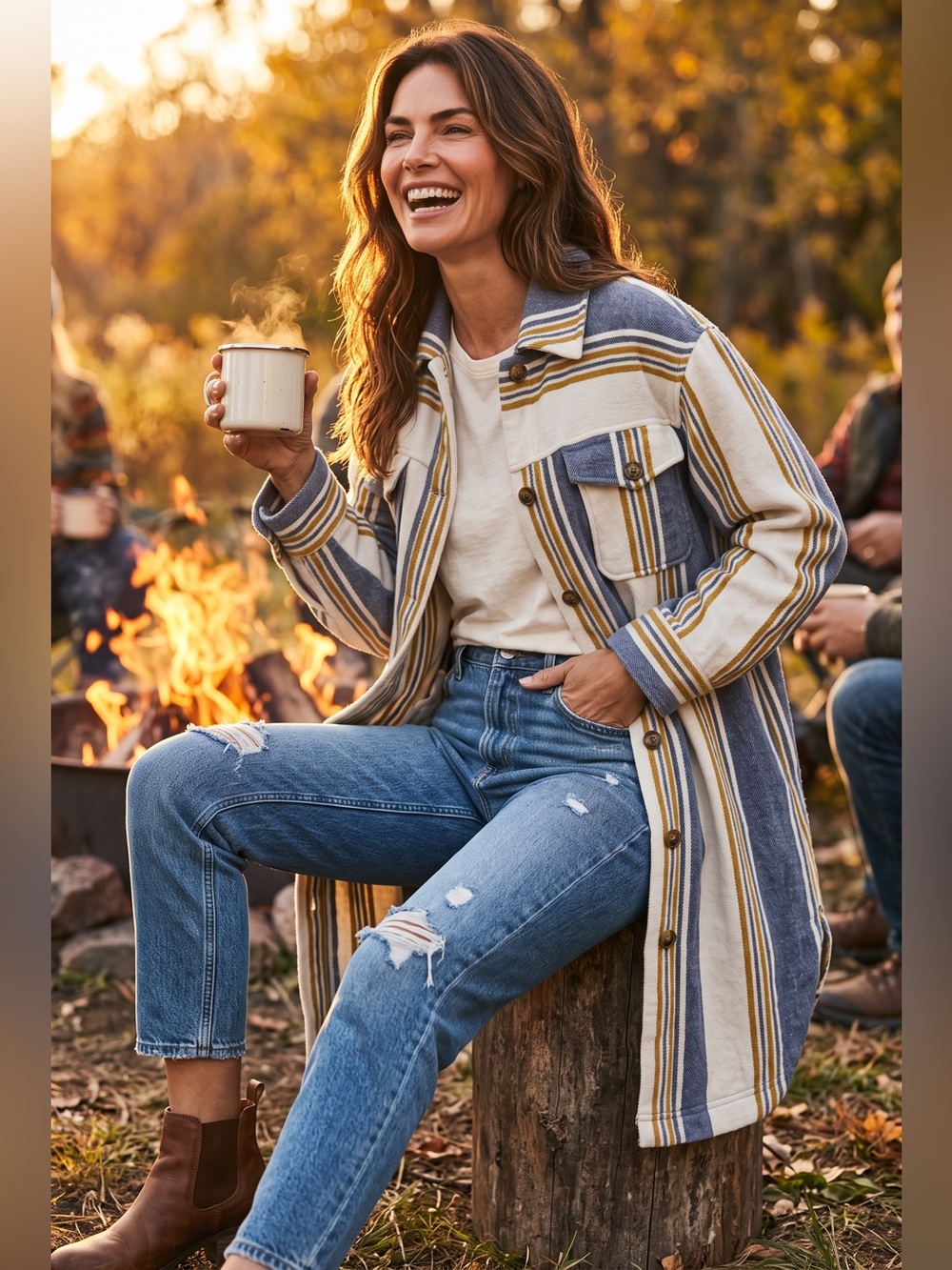 aerie Striped Shacket in Blue, Cream & Mustard oversized Thick Flannel